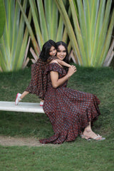 Mother & Daughter Burgundy Bowknot Ruffles Combo Dresses